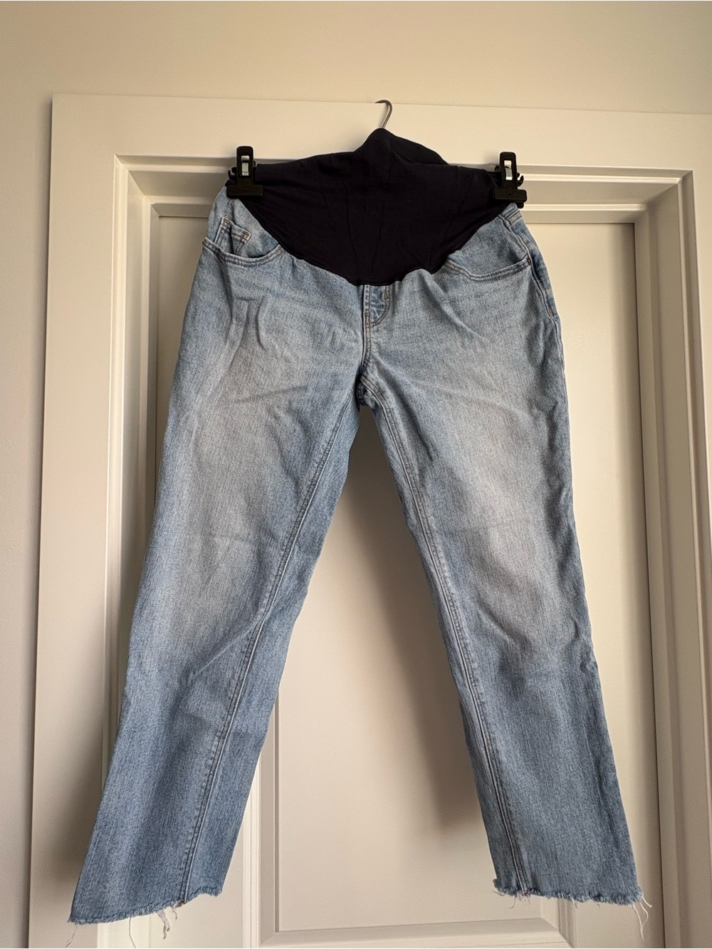 Light Blue Maternity Capri Jeans with Black Stretch Panel
